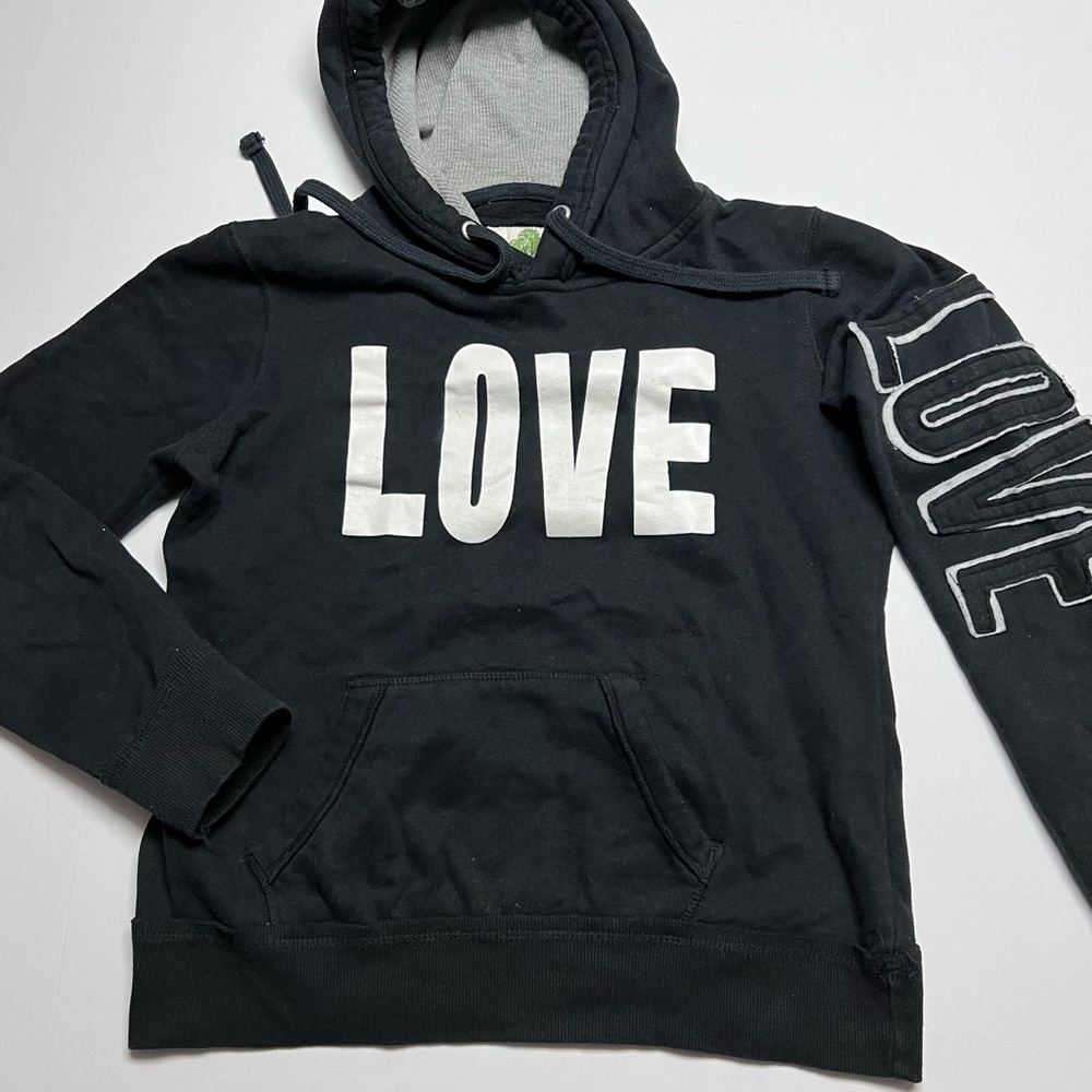Green Sleeved Brand "Love" Hoodie In Black. Thermal Lined Hood Size: L (Juniors)